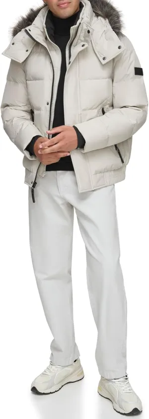 Andrew Marc Men's Short Quilted Inner Bib Attached Umbra Down Bomber with Hybrid Down Fill