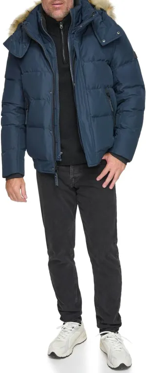 Andrew Marc Men's Short Quilted Inner Bib Attached Umbra Down Bomber with Hybrid Down Fill