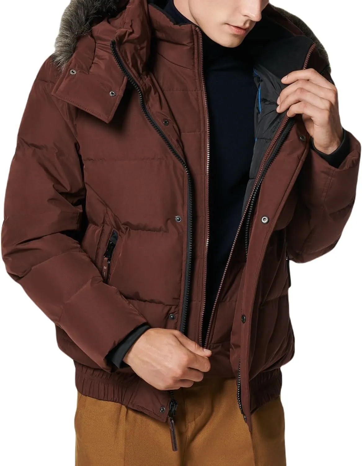 Andrew Marc Men's Short Quilted Inner Bib Attached Umbra Down Bomber with Hybrid Down Fill