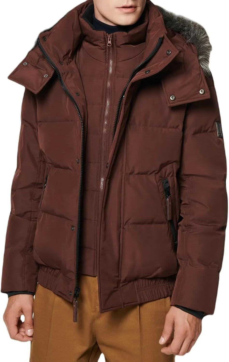 Andrew Marc Men's Short Quilted Inner Bib Attached Umbra Down Bomber with Hybrid Down Fill