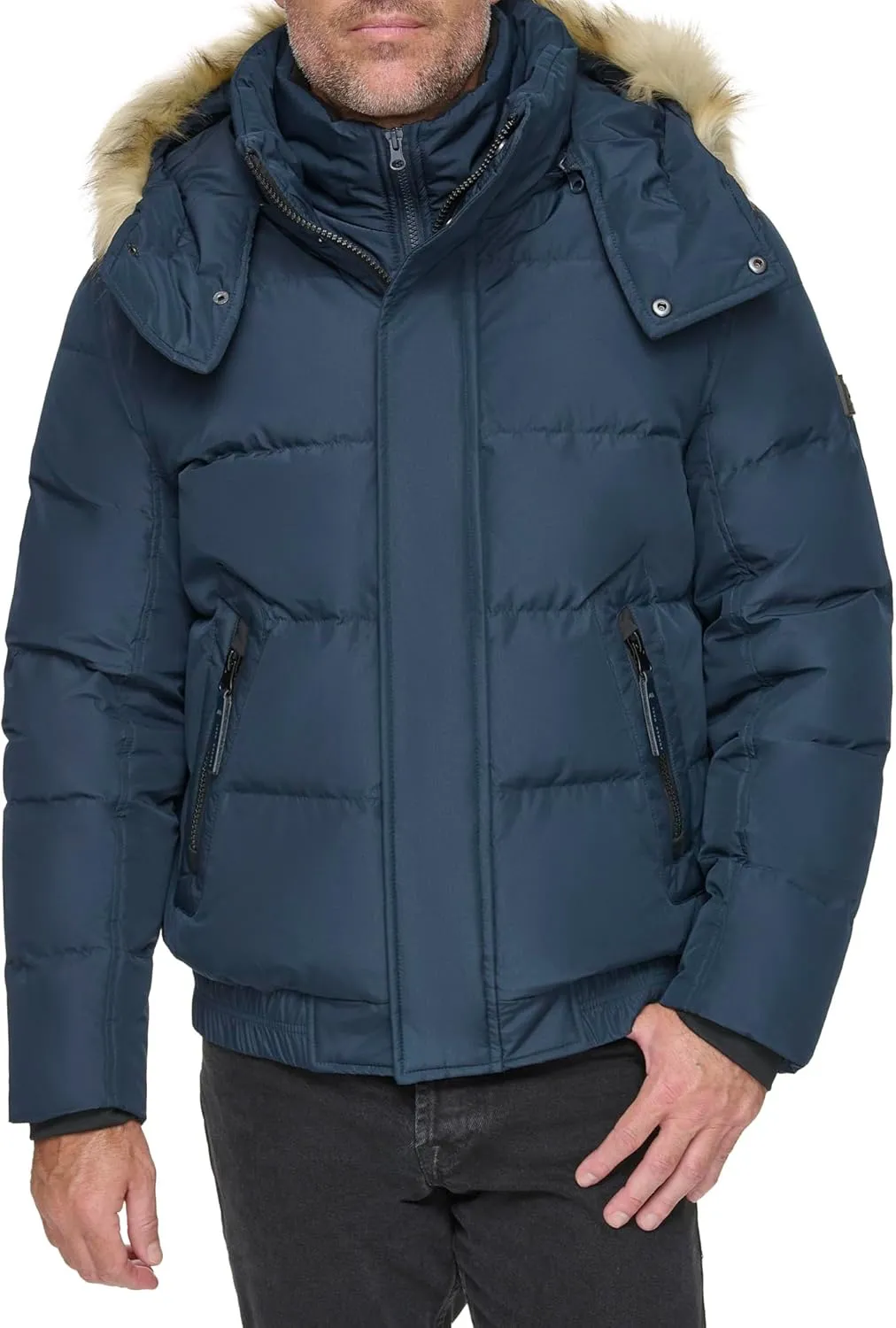 Andrew Marc Men's Short Quilted Inner Bib Attached Umbra Down Bomber with Hybrid Down Fill