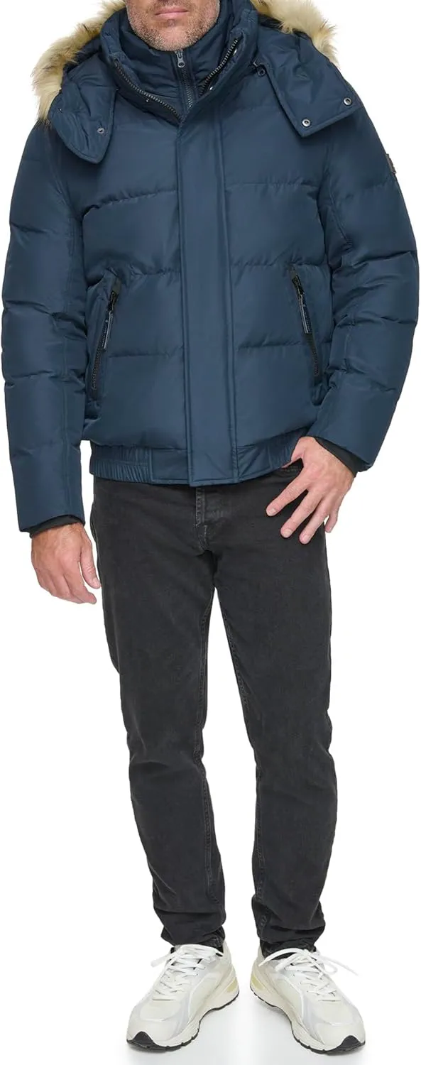 Andrew Marc Men's Short Quilted Inner Bib Attached Umbra Down Bomber with Hybrid Down Fill