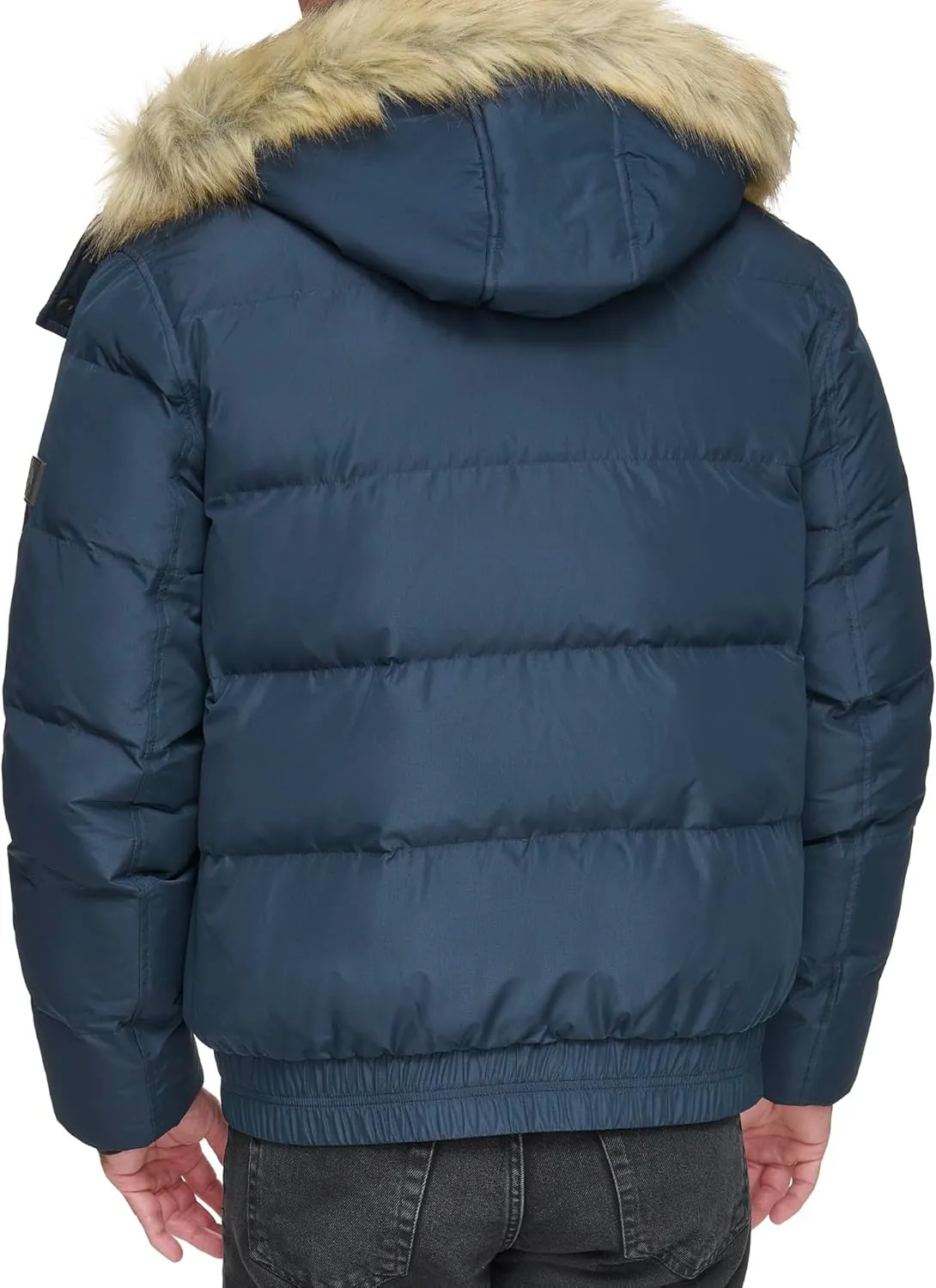 Andrew Marc Men's Short Quilted Inner Bib Attached Umbra Down Bomber with Hybrid Down Fill