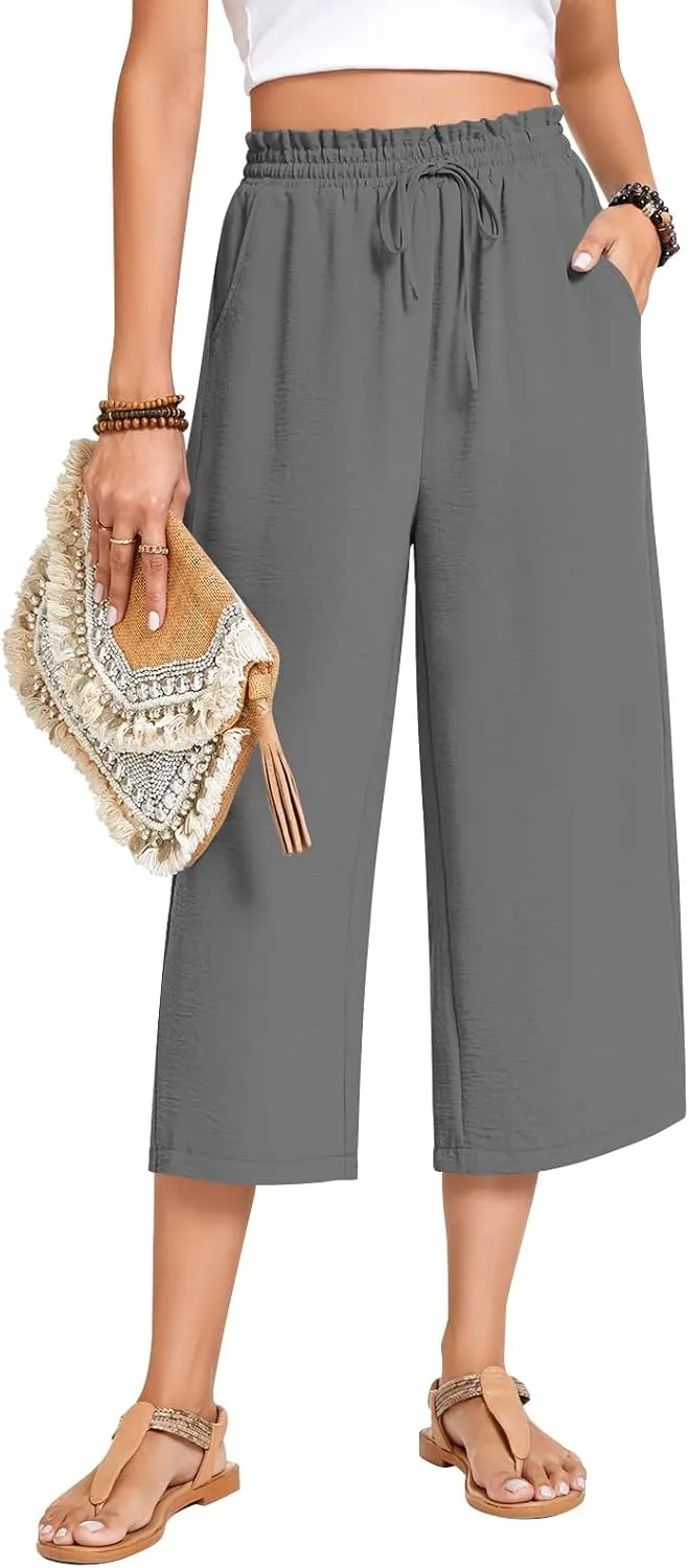 Anyhold Womens Capri Pants Loose High Waisted Wide Leg Lounge Pants Drawstring Casual Palazzo Trousers with Pockets