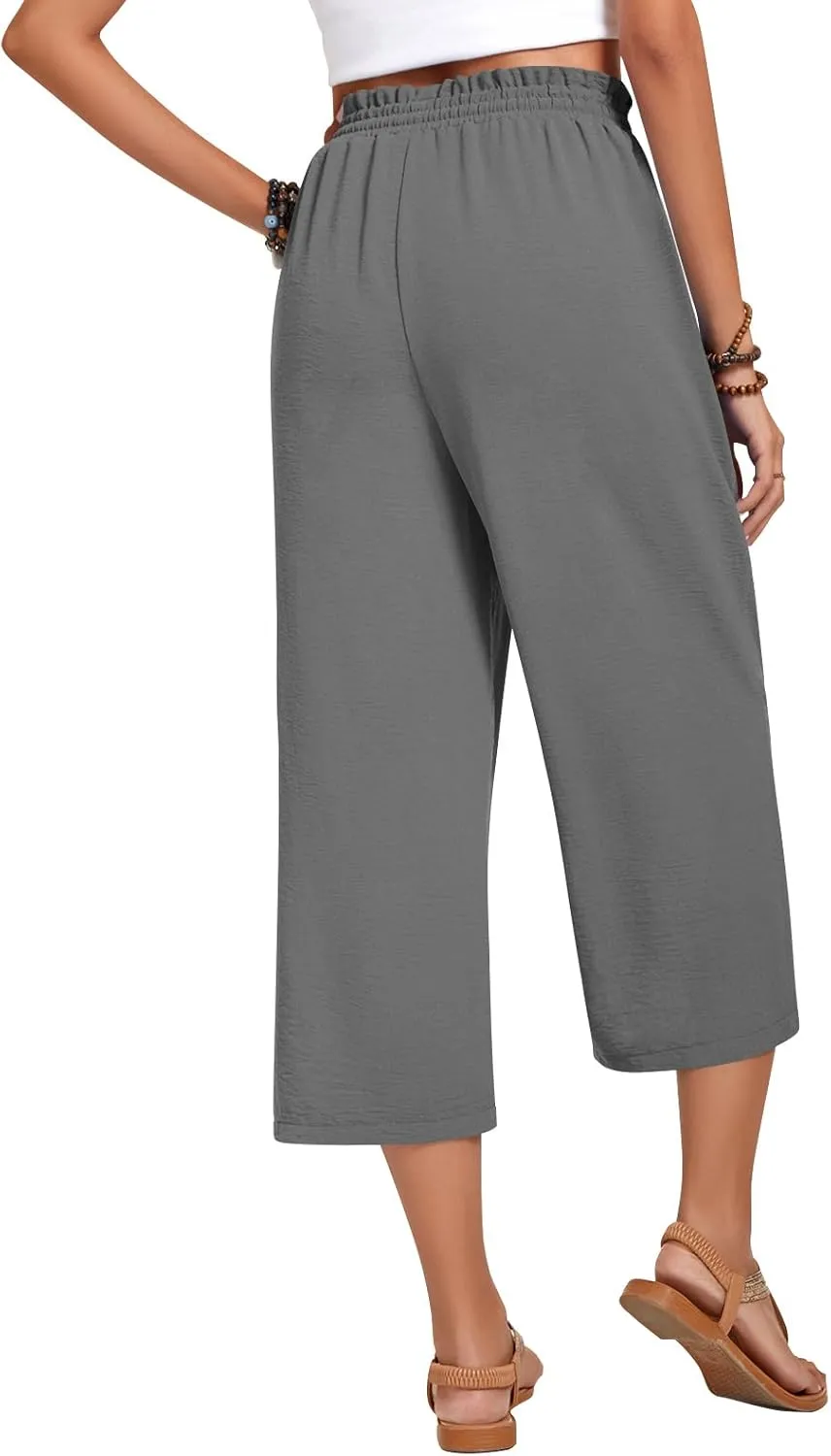 Anyhold Womens Capri Pants Loose High Waisted Wide Leg Lounge Pants Drawstring Casual Palazzo Trousers with Pockets