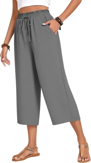 Anyhold Womens Capri Pants Loose High Waisted Wide Leg Lounge Pants Drawstring Casual Palazzo Trousers with Pockets