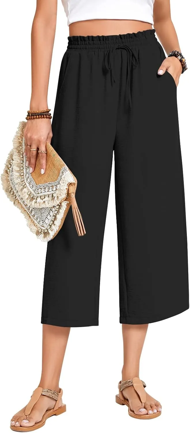 Anyhold Womens Capri Pants Loose High Waisted Wide Leg Lounge Pants Drawstring Casual Palazzo Trousers with Pockets