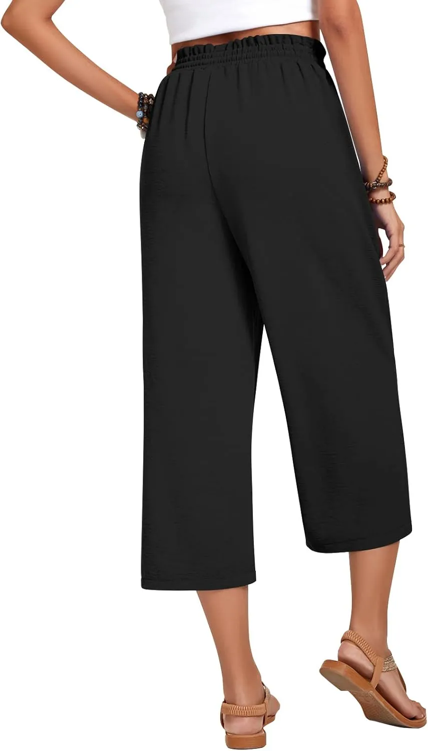 Anyhold Womens Capri Pants Loose High Waisted Wide Leg Lounge Pants Drawstring Casual Palazzo Trousers with Pockets