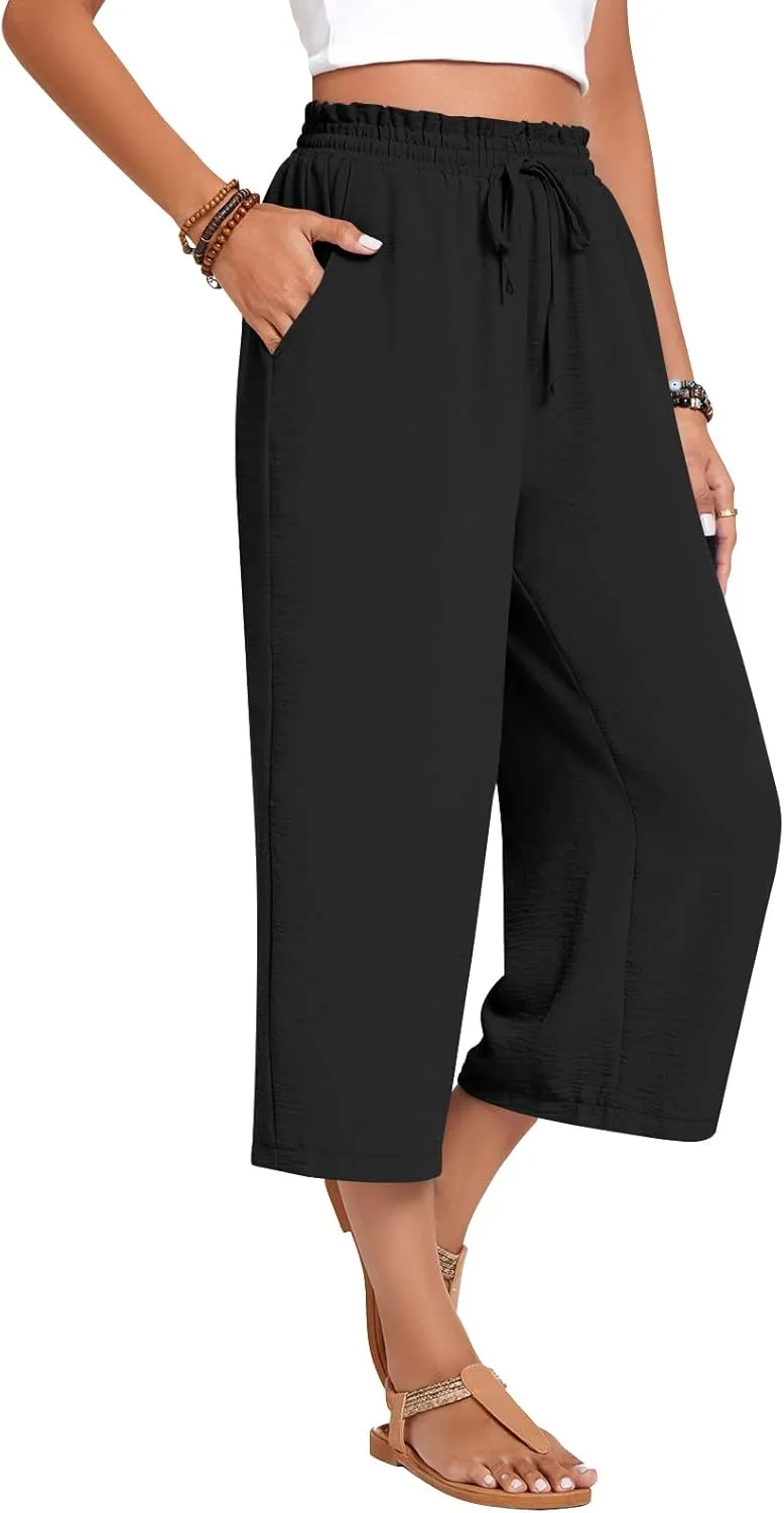 Anyhold Womens Capri Pants Loose High Waisted Wide Leg Lounge Pants Drawstring Casual Palazzo Trousers with Pockets