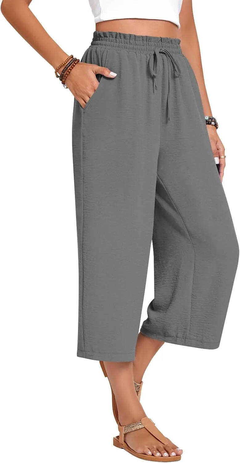 Anyhold Womens Capri Pants Loose High Waisted Wide Leg Lounge Pants Drawstring Casual Palazzo Trousers with Pockets