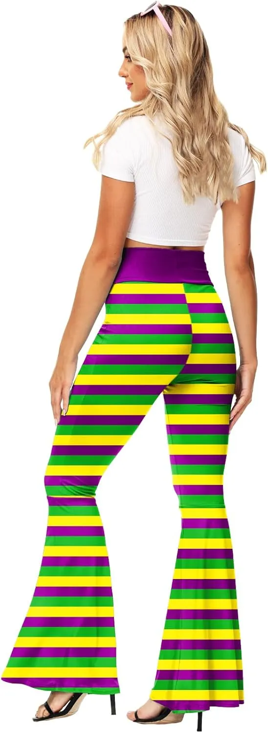 AOBUTE Womens Mardi Gras Bell Bottoms Purple Green Yellow High Waist Flare Pants
