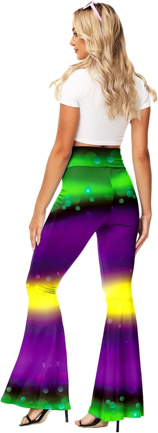 AOBUTE Womens Mardi Gras Bell Bottoms Purple Green Yellow High Waist Flare Pants