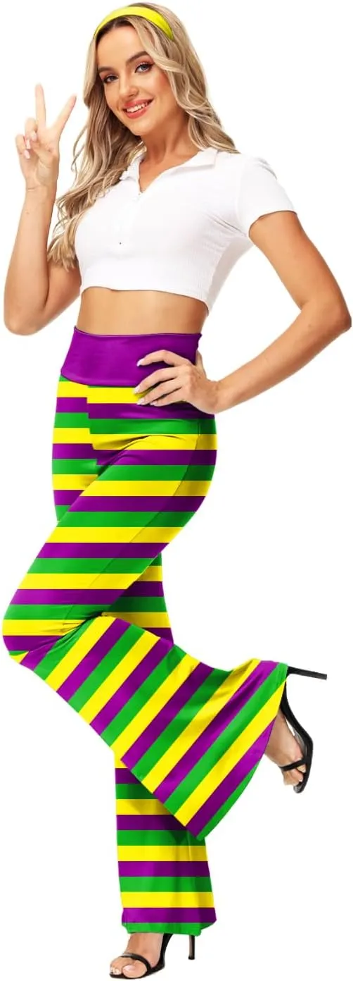 AOBUTE Womens Mardi Gras Bell Bottoms Purple Green Yellow High Waist Flare Pants