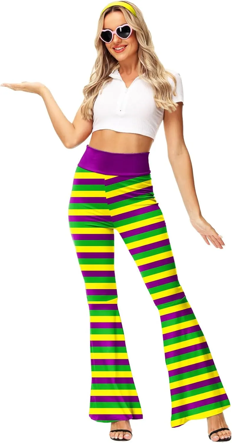 AOBUTE Womens Mardi Gras Bell Bottoms Purple Green Yellow High Waist Flare Pants