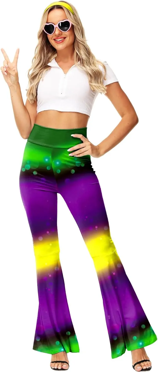 AOBUTE Womens Mardi Gras Bell Bottoms Purple Green Yellow High Waist Flare Pants