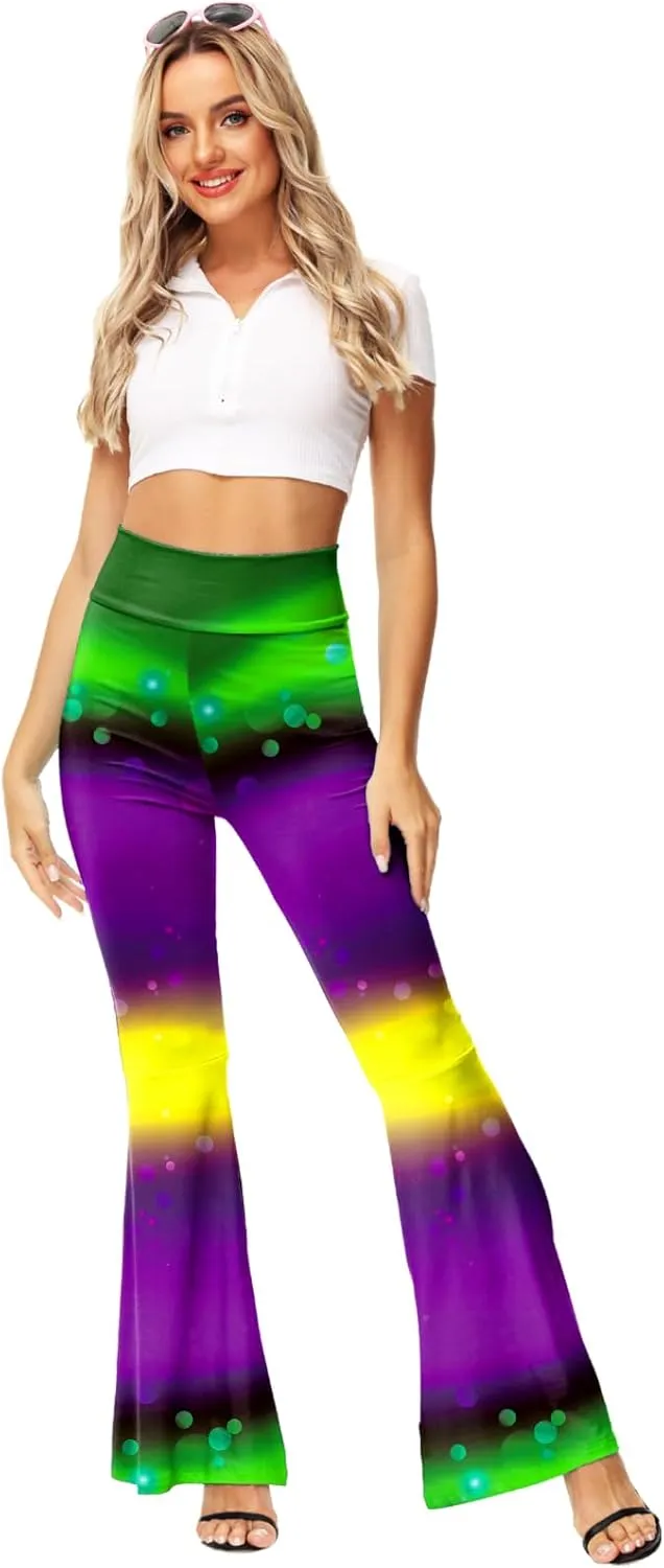 AOBUTE Womens Mardi Gras Bell Bottoms Purple Green Yellow High Waist Flare Pants