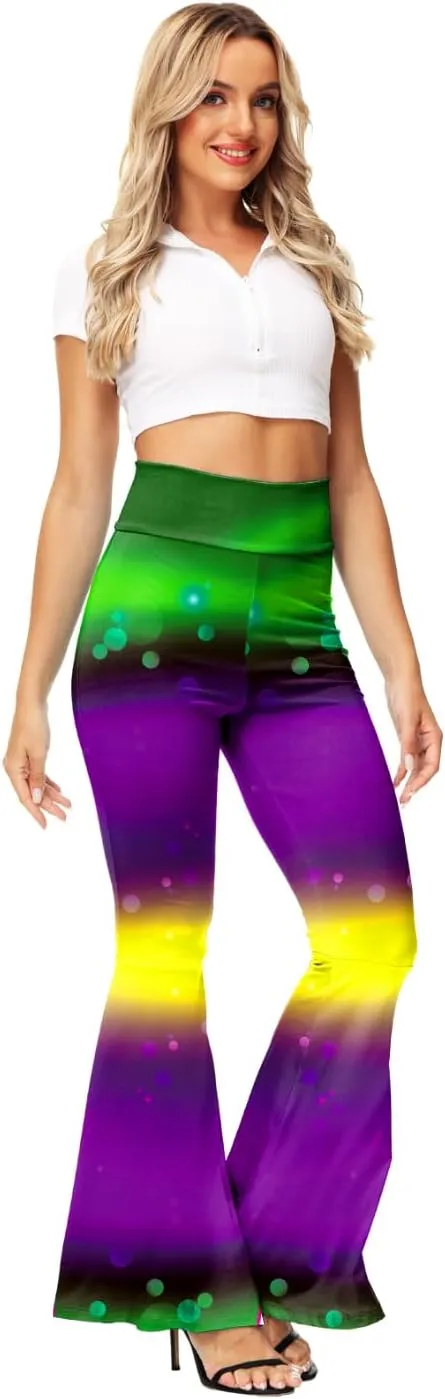 AOBUTE Womens Mardi Gras Bell Bottoms Purple Green Yellow High Waist Flare Pants