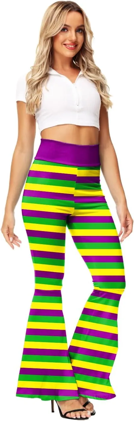 AOBUTE Womens Mardi Gras Bell Bottoms Purple Green Yellow High Waist Flare Pants