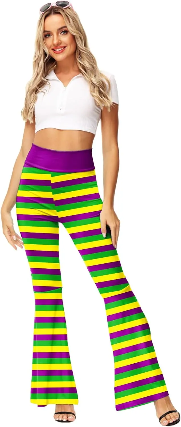 AOBUTE Womens Mardi Gras Bell Bottoms Purple Green Yellow High Waist Flare Pants