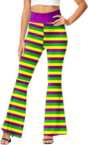 AOBUTE Womens Mardi Gras Bell Bottoms Purple Green Yellow High Waist Flare Pants