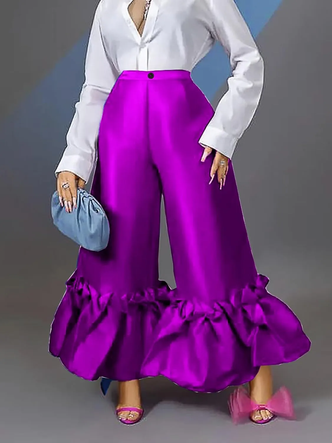 AOMEI Women's Shiny High Waist Flare Pants Wide Leg Bell Bottoms Trousers