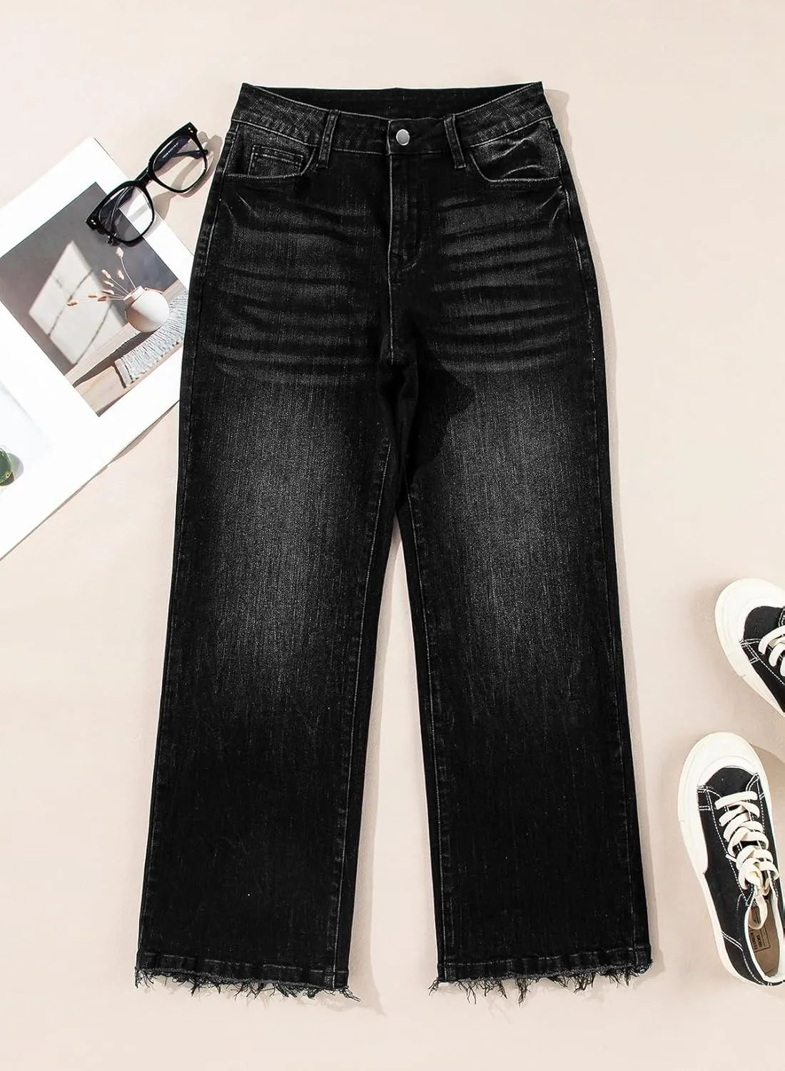 Astylish Womens High Waisted Jeans Stretchy Flared Straight Leg Loose Trendy Raw Hem Denim Pants