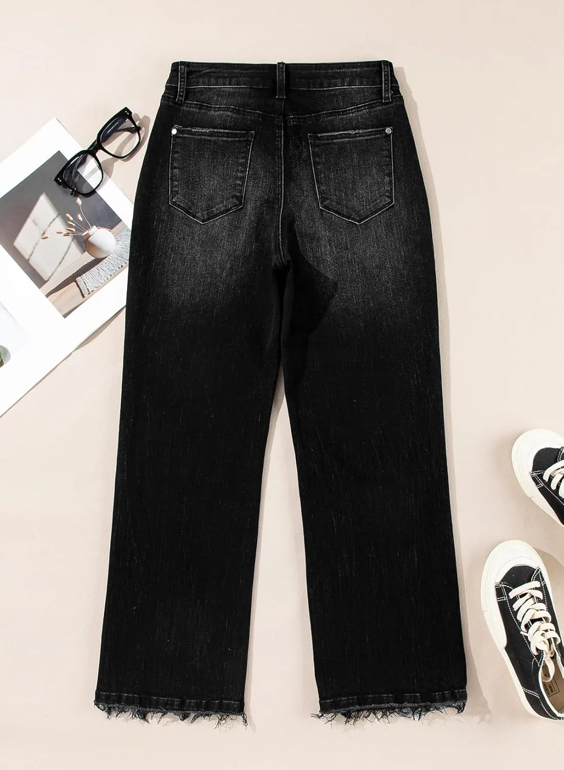 Astylish Womens High Waisted Jeans Stretchy Flared Straight Leg Loose Trendy Raw Hem Denim Pants
