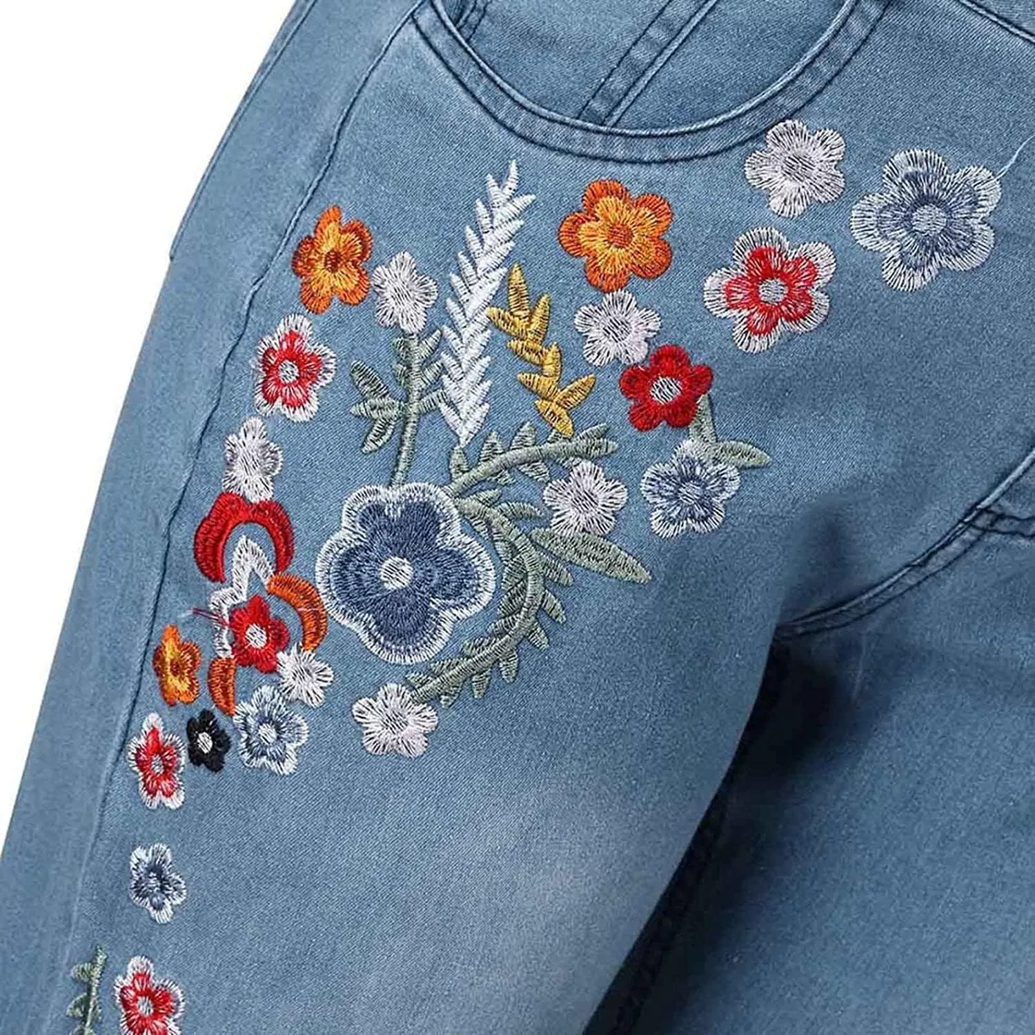 AULKEEP Women Embroidery Bell Bottom Jeans Slim Washed Floral Graphic Blue Jean Casual High Waist Pants