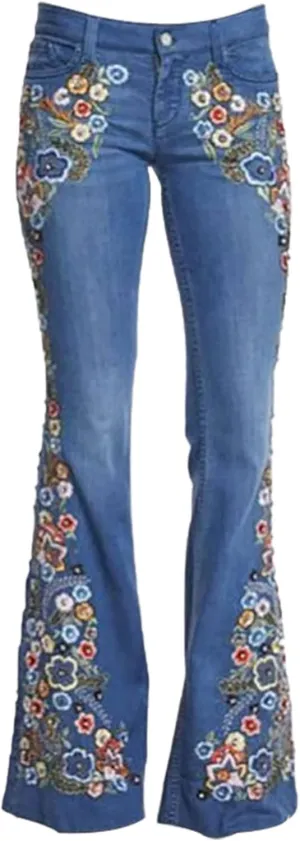AULKEEP Women Embroidery Bell Bottom Jeans Slim Washed Floral Graphic Blue Jean Casual High Waist Pants