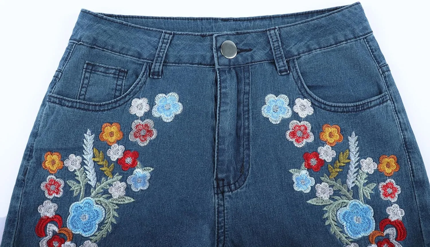 AULKEEP Women Embroidery Bell Bottom Jeans Slim Washed Floral Graphic Blue Jean Casual High Waist Pants