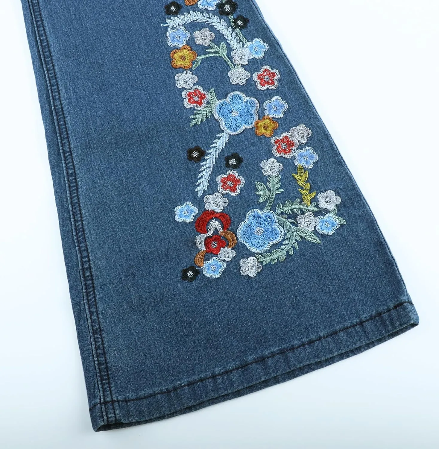 AULKEEP Women Embroidery Bell Bottom Jeans Slim Washed Floral Graphic Blue Jean Casual High Waist Pants