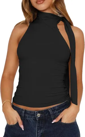 BAIGRAM Women Sexy Tie Up Halter High Neck Crop Tank Tops with Scarf Y2K Sleeveless Slim Fit Summer Going Out Shirts