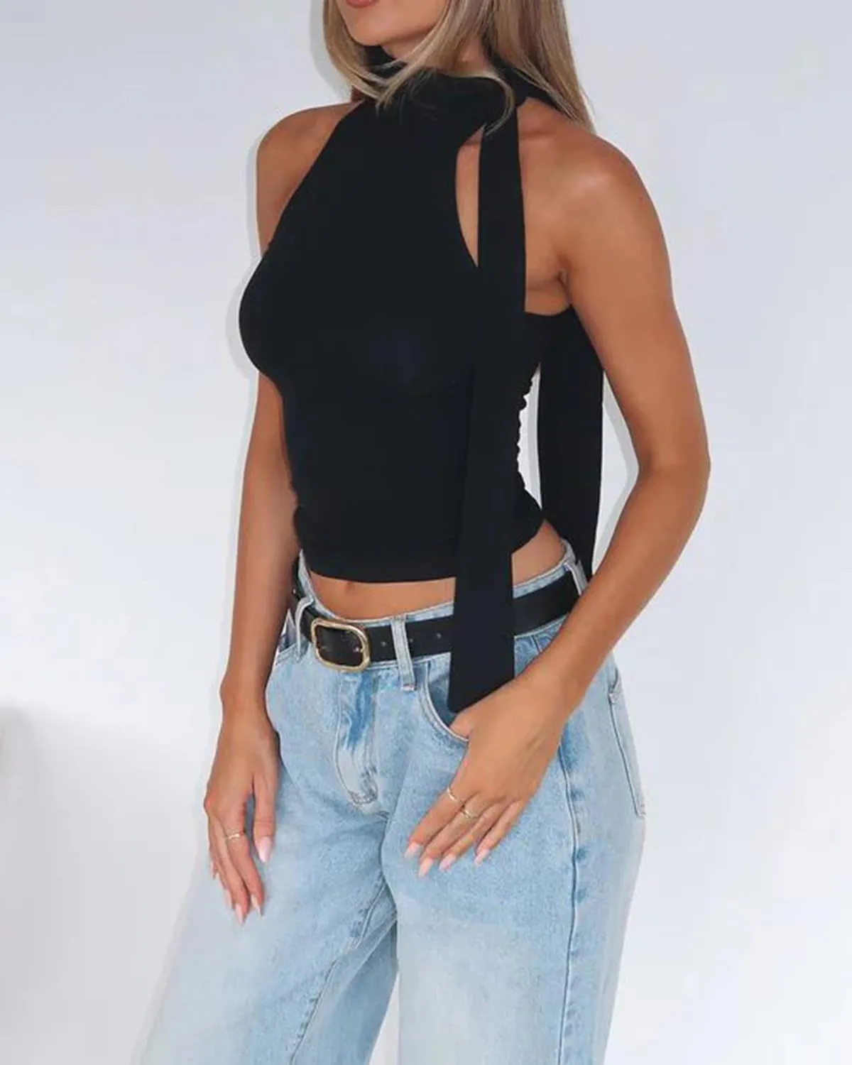 BAIGRAM Women Sexy Tie Up Halter High Neck Crop Tank Tops with Scarf Y2K Sleeveless Slim Fit Summer Going Out Shirts