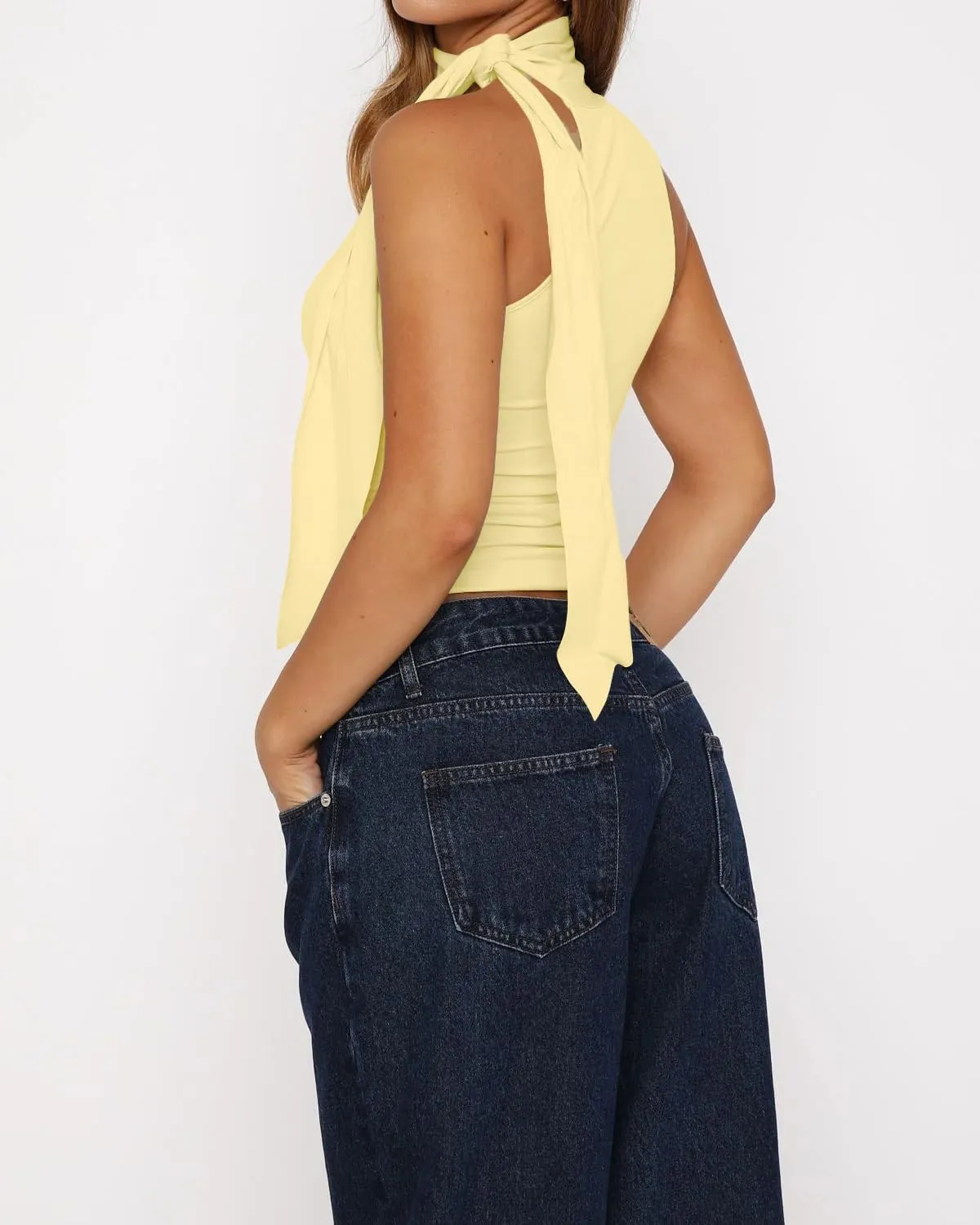 BAIGRAM Women Sexy Tie Up Halter High Neck Crop Tank Tops with Scarf Y2K Sleeveless Slim Fit Summer Going Out Shirts