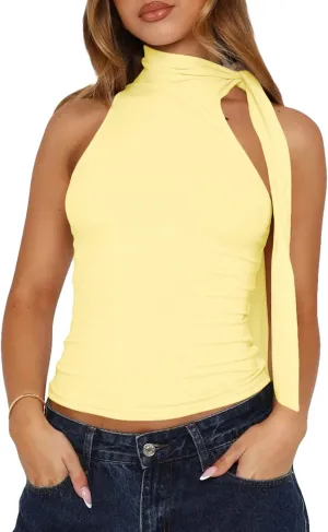 BAIGRAM Women Sexy Tie Up Halter High Neck Crop Tank Tops with Scarf Y2K Sleeveless Slim Fit Summer Going Out Shirts