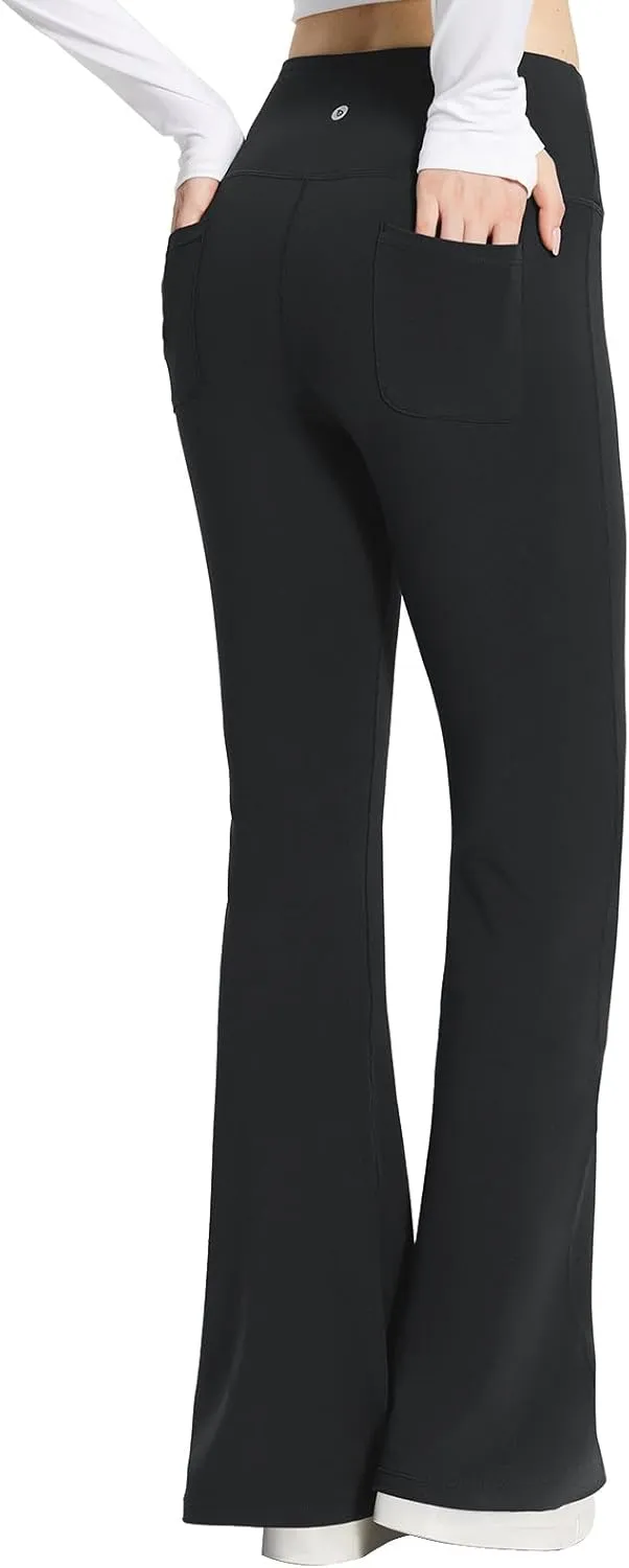 baleaf Womens Cotton Yoga Dress Pants Flare Leggings with Pockets Work Office High Waist Bell Bottom Bootcut Tall 32"