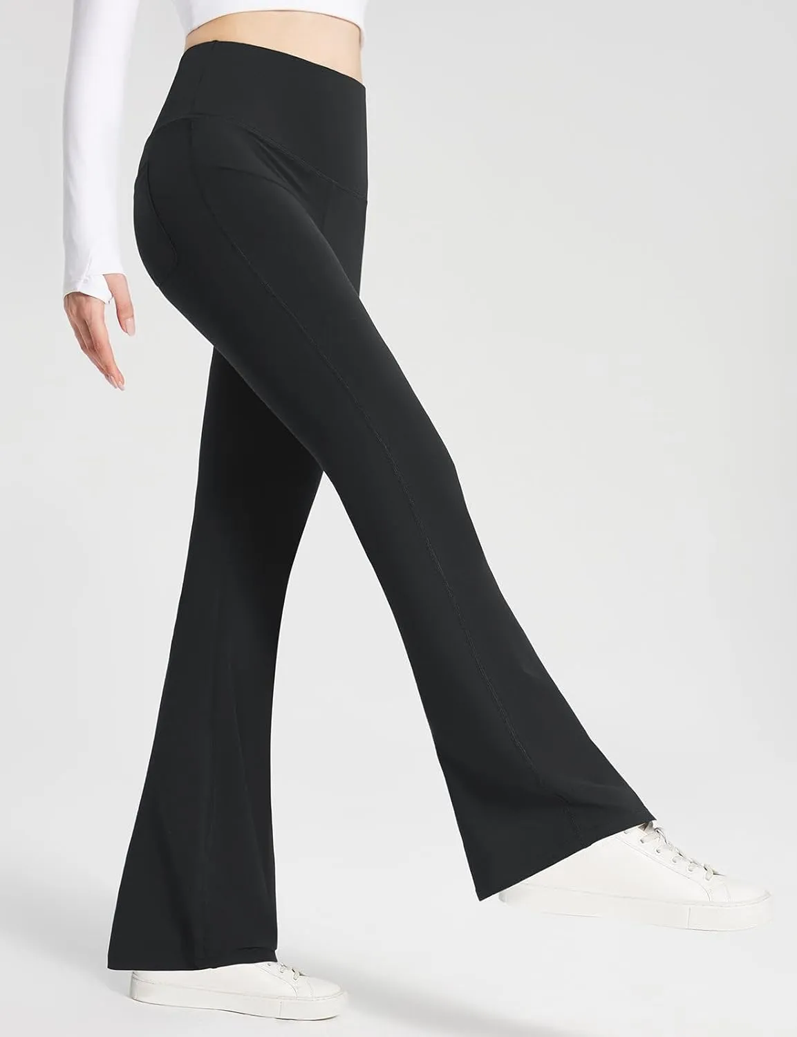 baleaf Womens Cotton Yoga Dress Pants Flare Leggings with Pockets Work Office High Waist Bell Bottom Bootcut Tall 32"