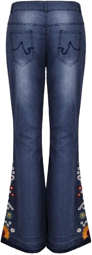 Bell Bottom Jeans Floral Embroidered Jeans Women Stretch Flare Jean Plus Size Bell-Bottoms Y2k Wide Leg Denim Pants