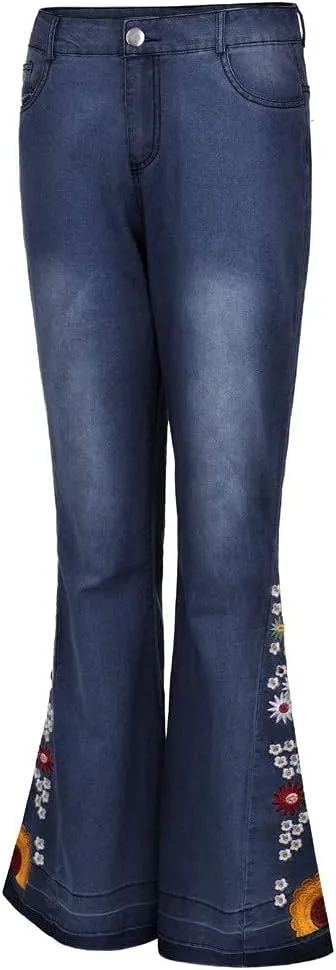 Bell Bottom Jeans Floral Embroidered Jeans Women Stretch Flare Jean Plus Size Bell-Bottoms Y2k Wide Leg Denim Pants