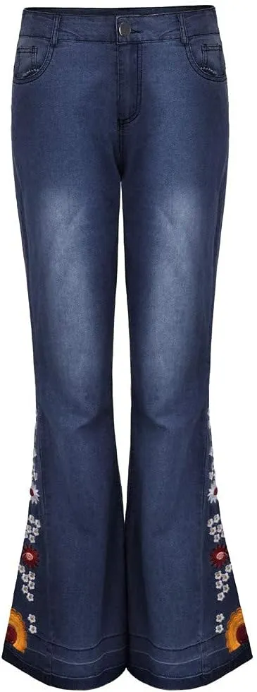 Bell Bottom Jeans Floral Embroidered Jeans Women Stretch Flare Jean Plus Size Bell-Bottoms Y2k Wide Leg Denim Pants