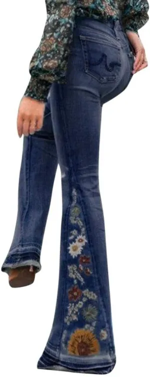 Bell Bottom Jeans Floral Embroidered Jeans Women Stretch Flare Jean Plus Size Bell-Bottoms Y2k Wide Leg Denim Pants