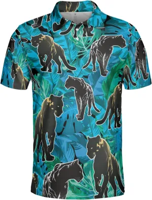 Black Jaguar Polo Shirts for Men - Panther Cat Mens Quick Dry Short Sleeve Polo Shirts Series 18