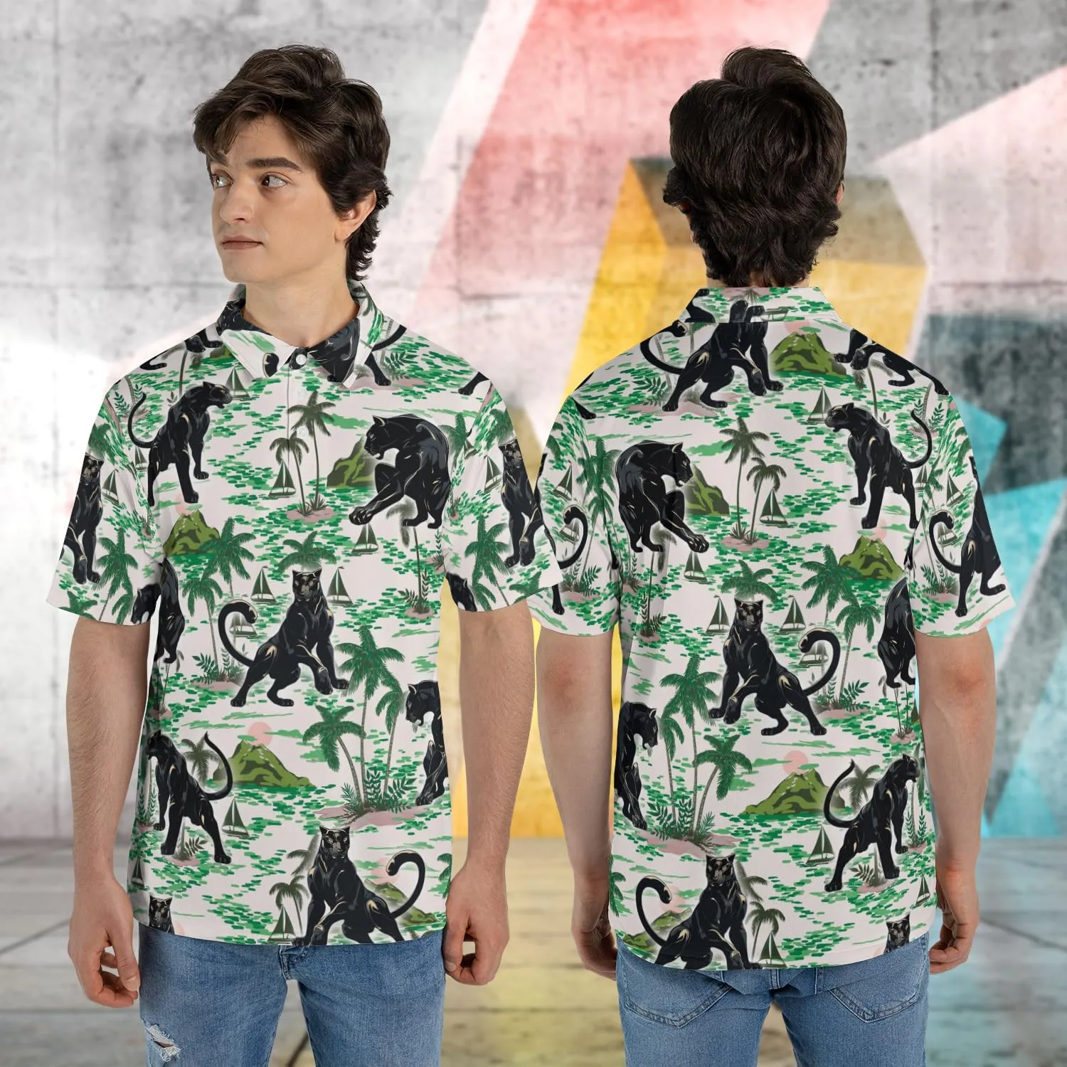 Black Jaguar Polo Shirts for Men - Panther Cat Mens Quick Dry Short Sleeve Polo Shirts Series 18