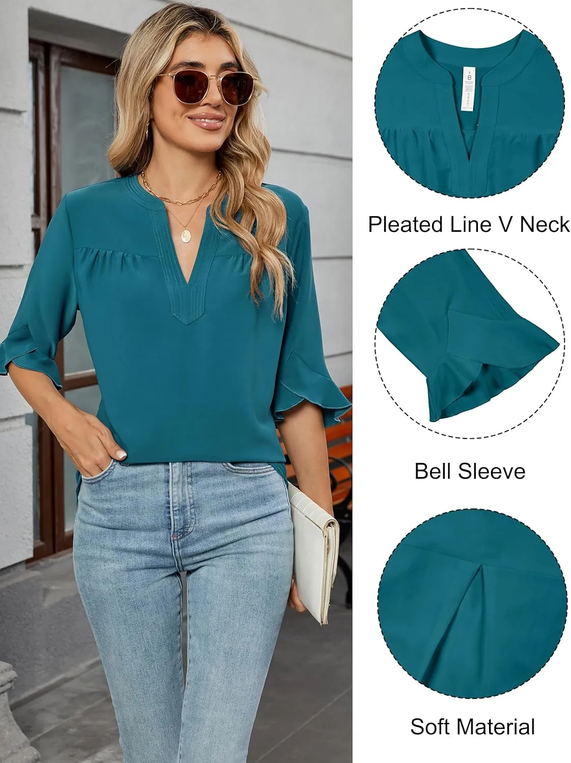 Blooming Jelly Women's Dressy Casual Blouses Business Work Tops Summer Tunic 3/4 Length Sleeve V Neck Shirts Trend Outfits
