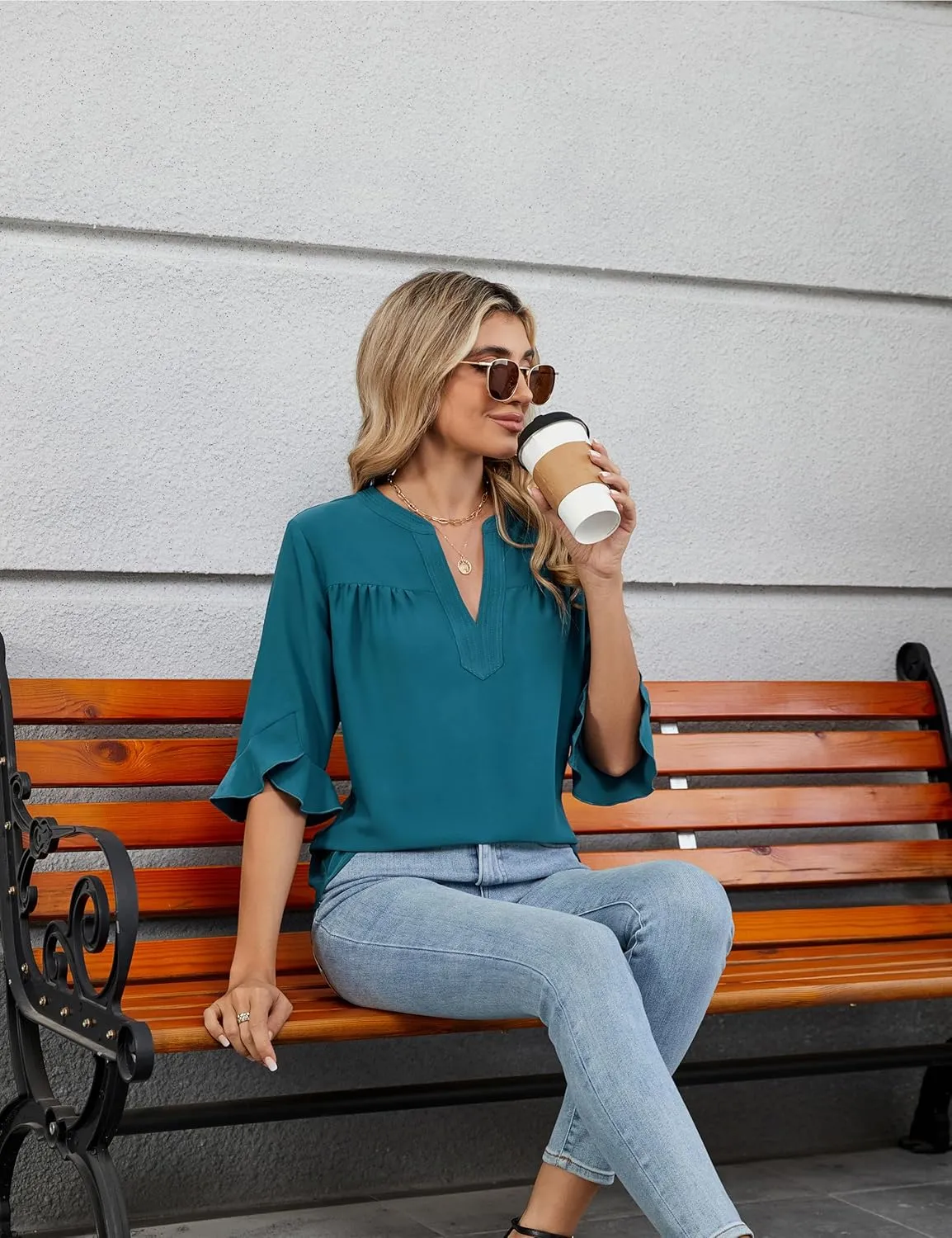 Blooming Jelly Women's Dressy Casual Blouses Business Work Tops Summer Tunic 3/4 Length Sleeve V Neck Shirts Trend Outfits