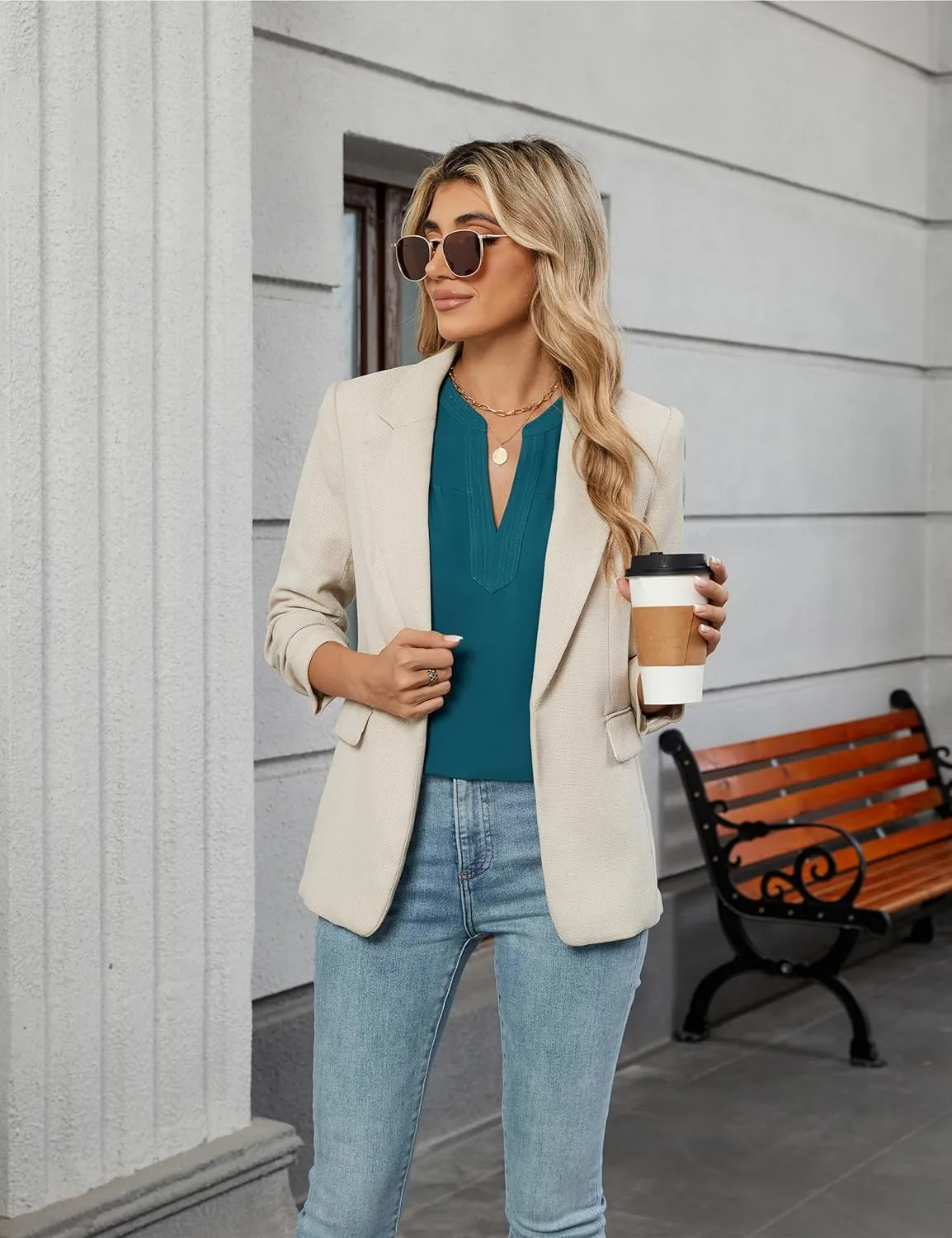 Blooming Jelly Women's Dressy Casual Blouses Business Work Tops Summer Tunic 3/4 Length Sleeve V Neck Shirts Trend Outfits