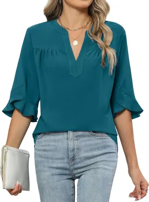 Blooming Jelly Women's Dressy Casual Blouses Business Work Tops Summer Tunic 3/4 Length Sleeve V Neck Shirts Trend Outfits
