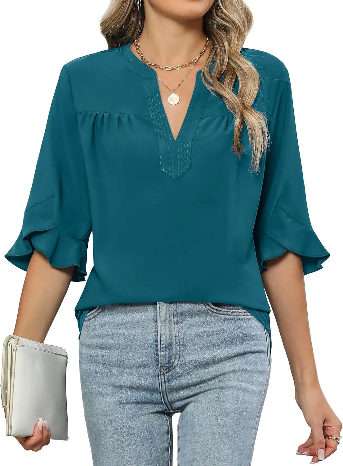 Blooming Jelly Women's Dressy Casual Blouses Business Work Tops Summer Tunic 3/4 Length Sleeve V Neck Shirts Trend Outfits