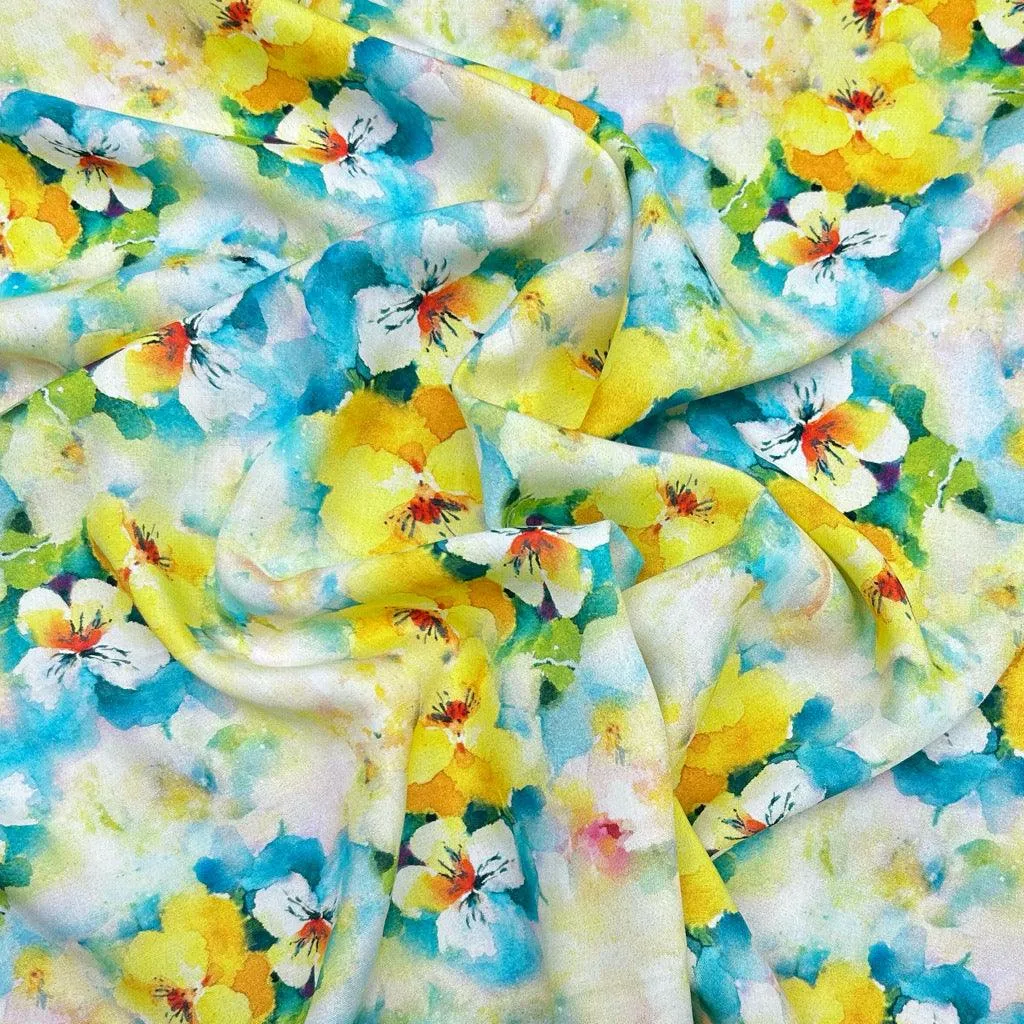 Blue and Yellow Blooms Viscose Challis Fabric