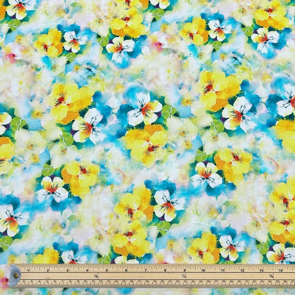 Blue and Yellow Blooms Viscose Challis Fabric